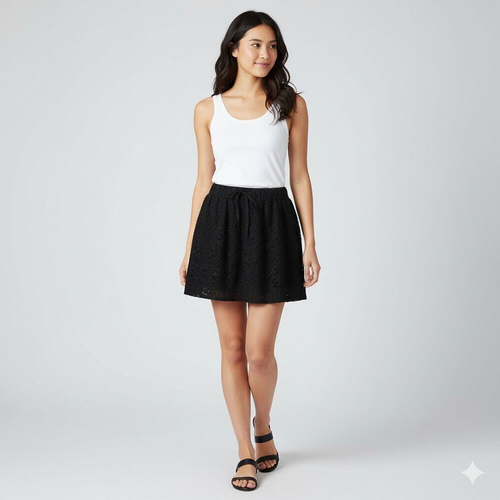 Lou & Grey XL Black Mini Skirt Eyelet Pockets Drawstring Waist A-Line Lace NWT